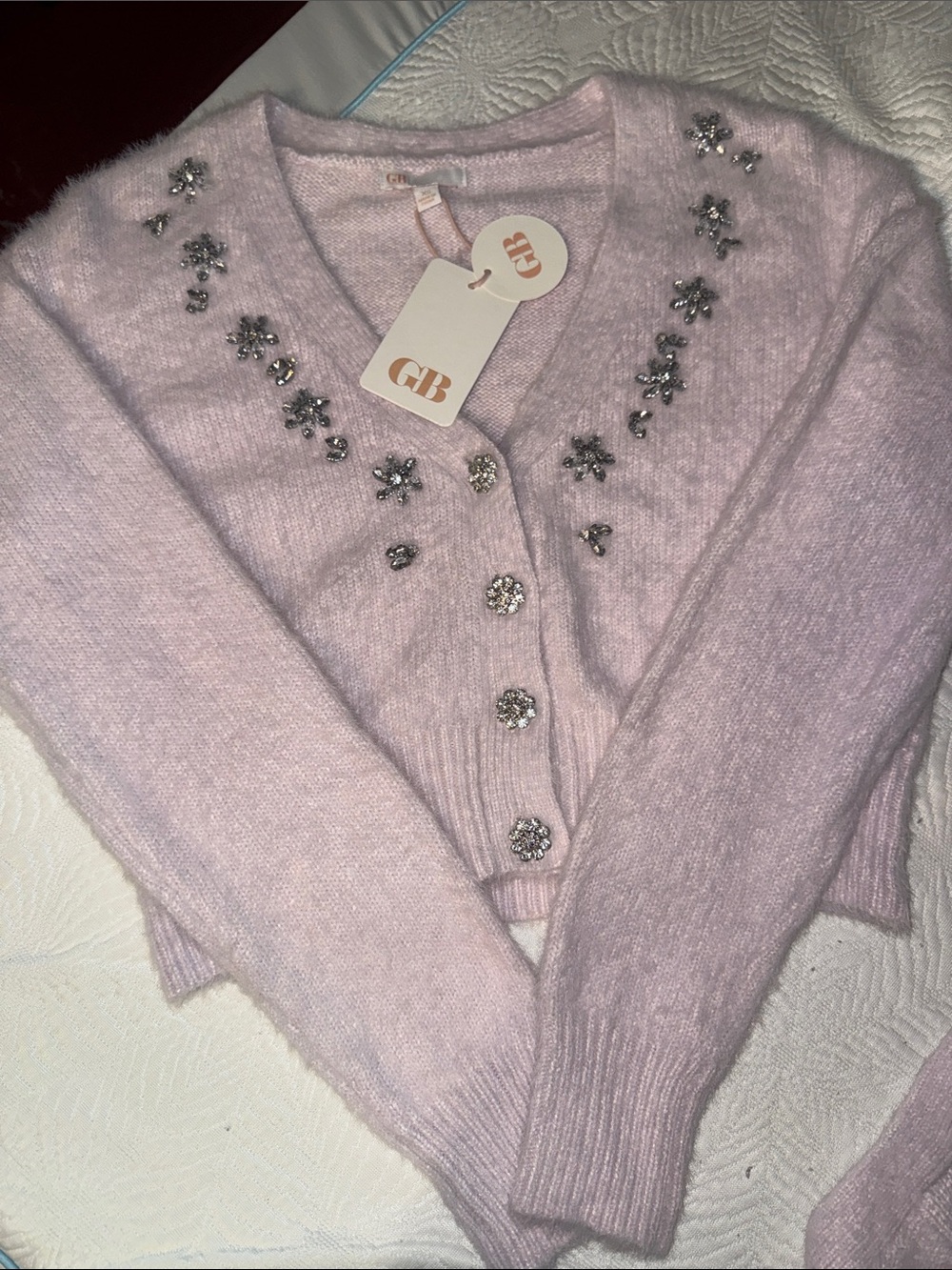 Gianni Bini Light Pink Jeweled V-Neck Cardigan
